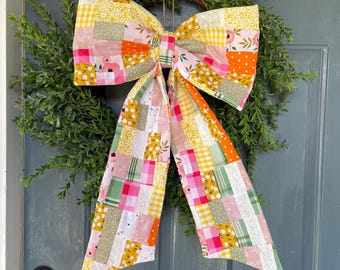 Yellow Patchwork Bow Door Decoration, Summer Bow Door Decoration, Giant Patchwork Quilted Bow, Front Door Decor, Farmhouse bow, Neutral Bow