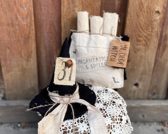 Handmade Halloween Witch Decor: Spells & Potions Bag with Hat