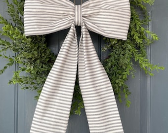 Oversized Fabric Bow, Spring Everyday Wreath Sash, black and white stripe bow for wreath, Large Neutral Wreath Bow Salt and Pepper