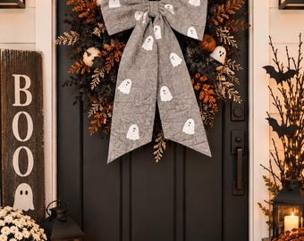 Ghost Halloween Bow: Painted Cotton Fabric, Wreath or Lantern Decor
