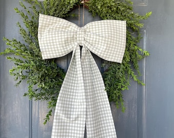 Lazo de corona de cuadros vichy verde salvia, lazo de tela extragrande hecho a mano, lazo navideño, decoración de puerta con corona, decoración del hogar, faja de corona de cuadros vichy verde