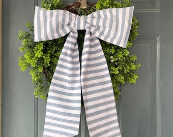 Chambray-kransrosett, chambray-kransskärp, blå Chambray-tygrosett i överdimensionerad heminredning, blå och vitrandig dekorationsskärp för ytterdörren