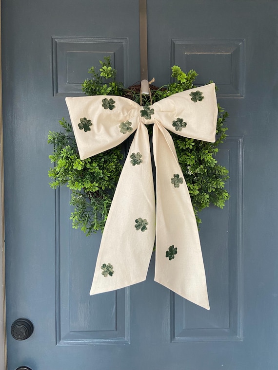 Door Wreath Sash St. Patrick Day Clover Gift, Door Sash Gift, Mother Day Gift shamrock wreath bow Wreath Sash For Front Door Green & Neutral