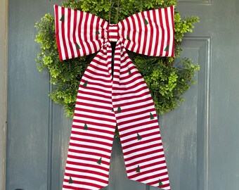 Christmas Front Door Wreath bow, red striped bow for front door, Christmas Wreath Sash with tree, Christmas Tree Wreath Ribbon