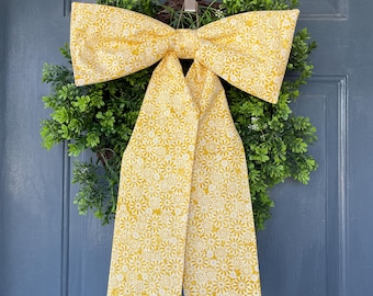Large Yellow Floral Bow Door Hanger, Coquette Wreath Sash, neutral wreath sash, ticking wreath sash, farmhouse wreath bow, mother's day gift