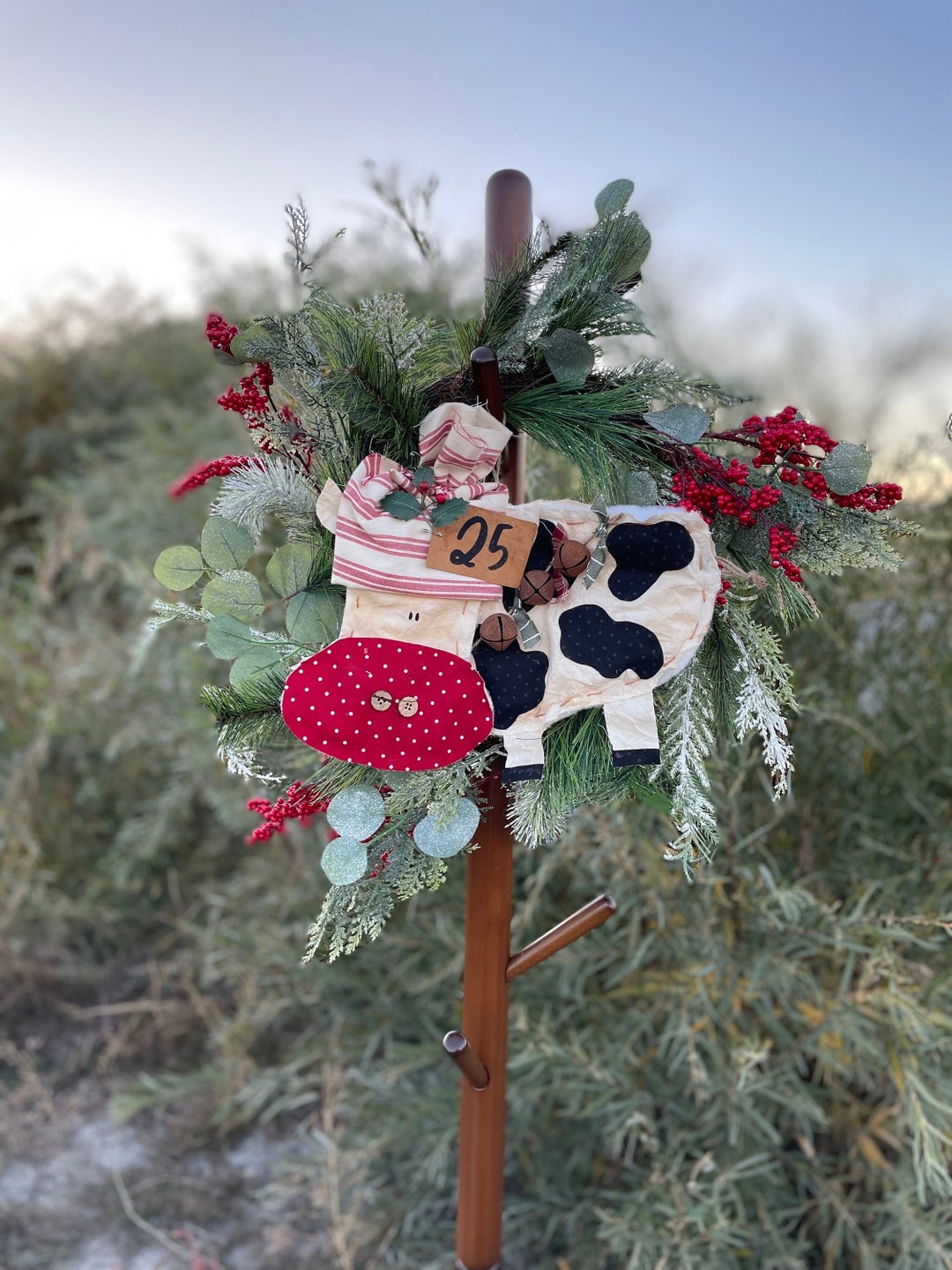 Rustic Farmhouse Christmas Santa Hat Cow, Cow With Lights Ornament