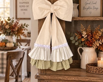 Herfststrik in boerderijstijl, grote hangende strik voor dressoir of kast, neutrale herfstdecoratie, cottagecore keukendecoratie, herfstdecoratie in boerderijstijl
