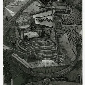 May include: A black and white etching print featuring a detailed architectural scene with a large, curved amphitheatre at the centre. The composition includes complex line work, textured shading, and a tall, multi-tiered structure rising above.