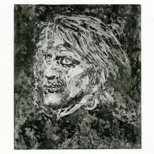 May include: A black and white portrait of a person with long hair and a beard. The artwork is created with thick brushstrokes, giving it a textured appearance. The person's face is turned to the side, with a focused gaze.