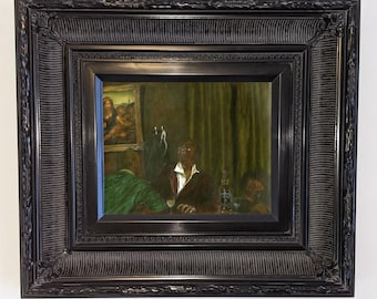 Senhor Oliveira de Figueira (da Hergé), dipinto ad olio su tela, cornice in stile ebano nero olandese