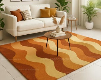 Tapis en laine tufté à la main, vague rétro, modernité du milieu du siècle, brun orangé