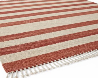 Handwoven Wool Striped Rug, Terracotta Boho Farmhouse Dhurrie Carpet
