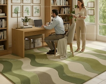 Grüner gewellter Wollteppich | Moderner Abstrakter Teppich für Wohnzimmer, Schlafzimmer
