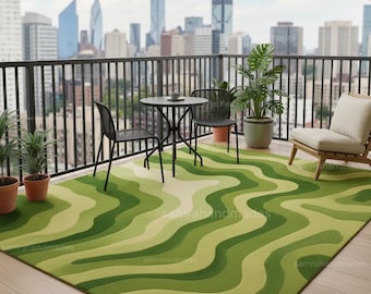 Modern Green Abstract Hand Tufted Rug | Wavy Pattern Wool Area Rug for Contemporary Homes