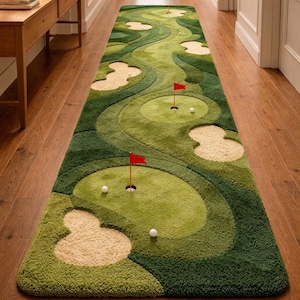 Alfombra de campo de golf tejida a mano con diseño de putting green, alfombra de pasillo con temática deportiva para interiores con banderas y pelotas, decoración para el hogar, suave y mullida.