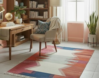 Alfombra Kilim geométrica tejida a mano, alfombra de lana tribal moderna, alfombra estilo boho del suroeste.