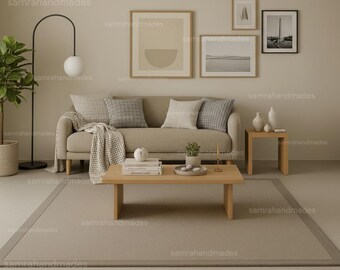 Hand Tufted Wool Area Rug, Minimalist Beige Modern Border Carpet