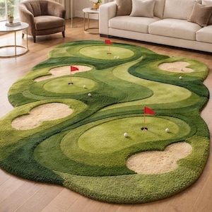 Alfombra de área con diseño de campo de golf tejida a mano, alfombra de putting green para interiores con banderas, alfombra decorativa con temática deportiva para sala de estar, cuarto de juegos infantil, dormitorio