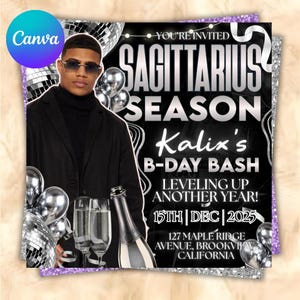 Könnte beinhalten: Schwarze Party-Einladung mit einem Foto einer Person mit Sonnenbrille. Der Text lautet "SAGITTARIUS SEASON Kalix's B-DAY BASH" mit dem Datum "15TH | DEC 2025" und einer Adresse. Silberne Ballons und Glitzerkugeln.