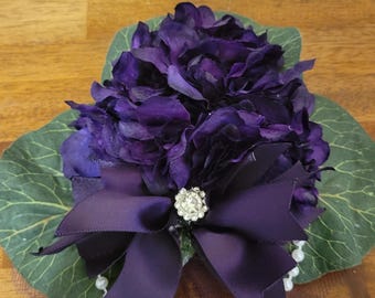 Purple Cluster Violet Flower Brooch with Ribbon and Veil with magnet fastener