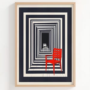 May include: Framed art print featuring a red chair in a hallway with a repeating pattern of navy blue and white stripes. A white chair is visible in the distance. The artwork is in a light wood frame.