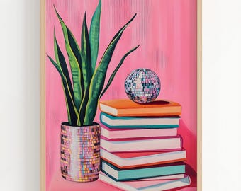Retro Snake Plant Disco Print, Colourful Books Maximalist Wall Art