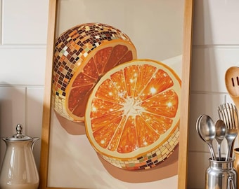 Retro Orange Citrus Wall Art - Abstrakte Disco Ball Statement Fruit Prints