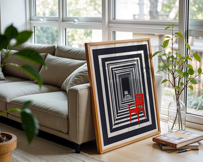 May include: A framed art print featuring an optical illusion of a receding hallway with a red chair. The artwork is in a wooden frame and leans against a window. A beige sofa and greenery are in the background.