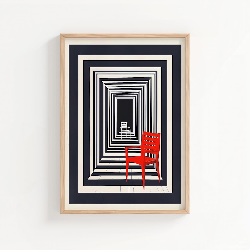 May include: Framed art print featuring a red chair in a hallway with a repeating pattern of navy blue and white stripes. A white chair is visible in the distance. The artwork is in a light wood frame.