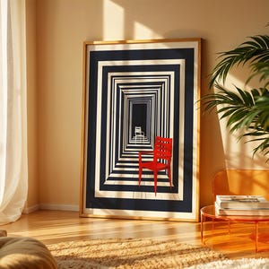 May include: A framed art print featuring a black and white geometric tunnel design with a red chair in the foreground. The artwork is displayed in a room with natural light, a plant, and a modern glass table.