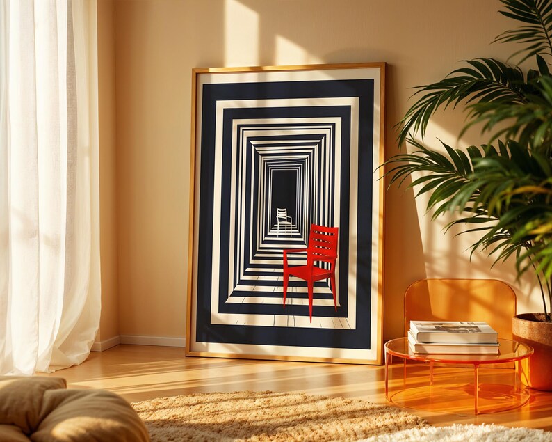 May include: A framed art print featuring a black and white geometric tunnel design with a red chair in the foreground. The artwork is displayed in a room with natural light, a plant, and a modern glass table.