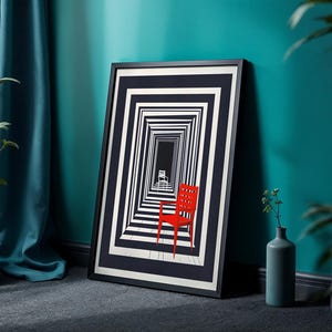 May include: A framed rectangular wall art print featuring a black and white optical illusion of a receding tunnel. A vibrant red chair is positioned in the foreground, while a smaller white chair outline appears in the distance.