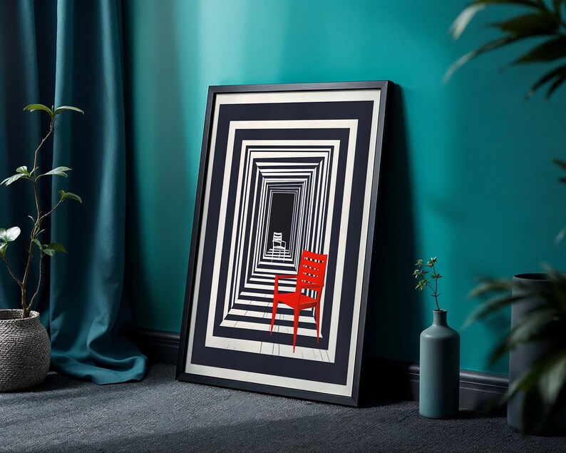 May include: A framed rectangular wall art print featuring a black and white optical illusion of a receding tunnel. A vibrant red chair is positioned in the foreground, while a smaller white chair outline appears in the distance.
