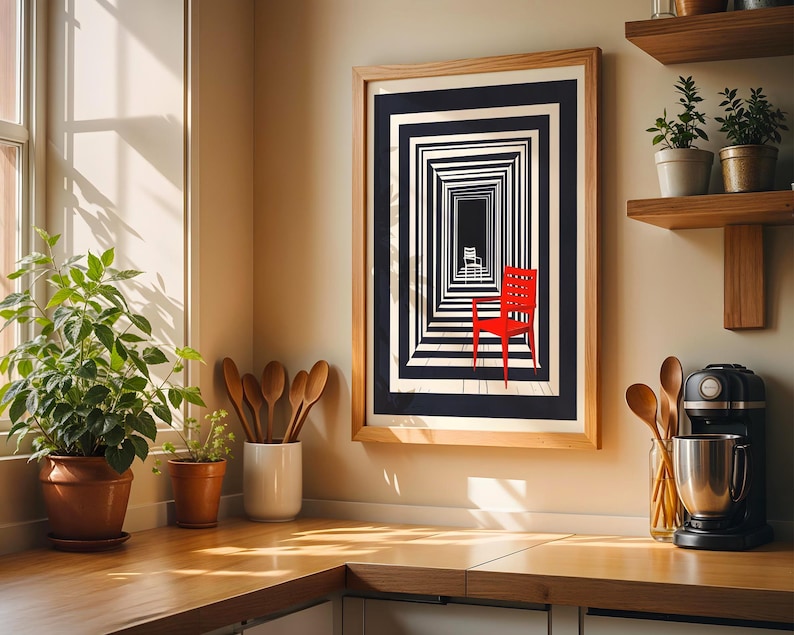 May include: A framed art print featuring a black and white geometric design with a red chair. The artwork is displayed on a light-colored wall above a wooden countertop. A potted plant and kitchen utensils are also visible.