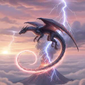 Può includere: Illustrazione digitale di un drago che vola in un cielo tempestoso. Il drago è grigio scuro con grandi ali, e i fulmini lo circondano. Un vulcano erutta sullo sfondo, con nuvole e un tramonto.