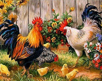 Needlepoint Canvas 14 or 18 count, country living, rooster, chickens