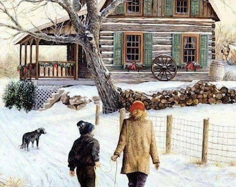 Needlepoint Canvas 14 or 18 count, Christmas, Snow, County, Winter, Dog