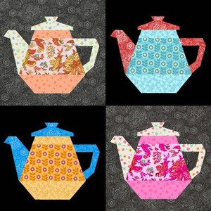 May include: Four colorful patchwork teapot designs. Each teapot features a unique combination of patterned fabrics in shades of orange, blue, yellow, and pink. The teapots are set against a dark background with a floral pattern.