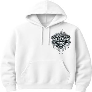 May include: White hooded sweatshirt with a front pocket and drawstring. The front features a San Antonio HOOPS logo with a basketball and city skyline design in shades of gray and silver.