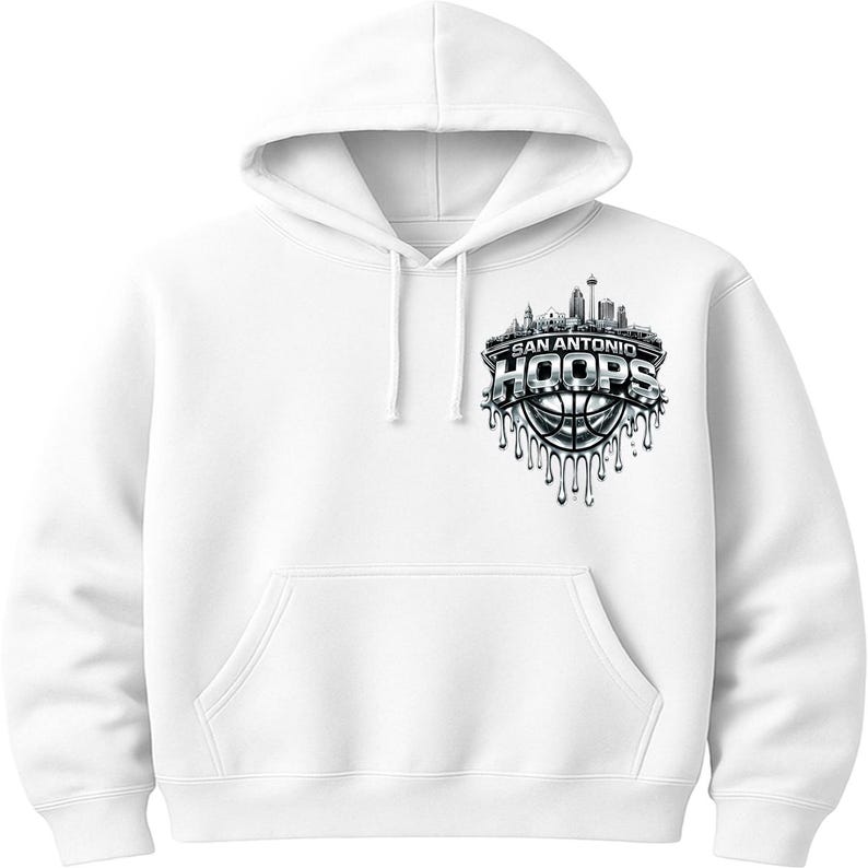 May include: White hooded sweatshirt with a front pocket and drawstring. The front features a San Antonio HOOPS logo with a basketball and city skyline design in shades of gray and silver.