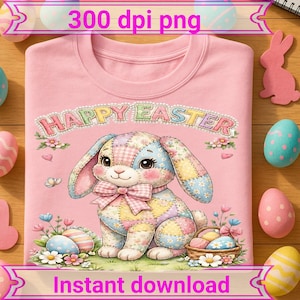 Patchwork Easter Bunny PNG | Vintage Cottagecore Spring sublimation, kids Easter shirt design,