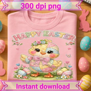 Patchwork Quilted Chick Easter PNG, Vintage Cottagecore Spring Design (digital nedladdning)