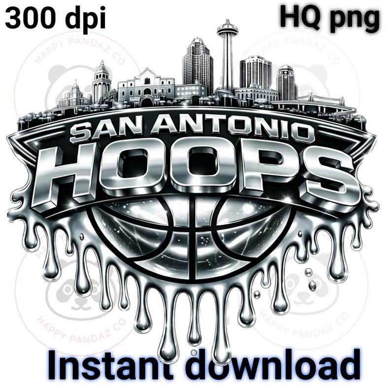 May include: A silver and black graphic featuring the text "SAN ANTONIO HOOPS" above a basketball design. The image includes a cityscape silhouette and the words "Instant download".