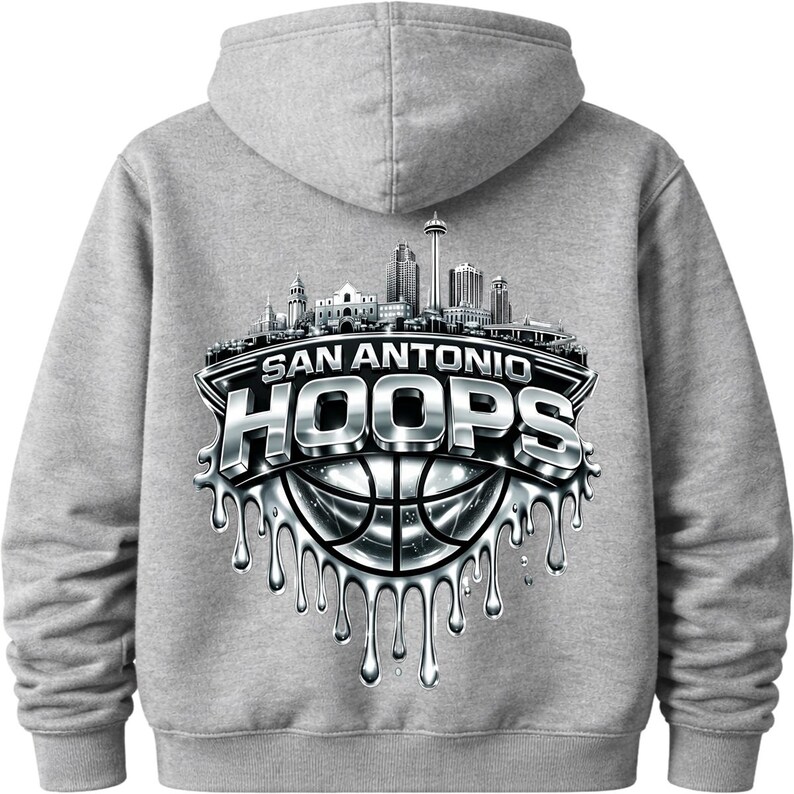 May include: A gray hoodie featuring a silver and black graphic of the San Antonio skyline and the words "SAN ANTONIO HOOPS" over a basketball. The design has a dripping effect.