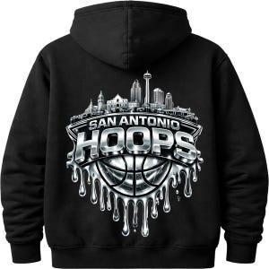 May include: Black hooded sweatshirt featuring a silver and white graphic. The graphic includes the text "SAN ANTONIO HOOPS" above a basketball design with a cityscape silhouette. The design has a dripping effect.