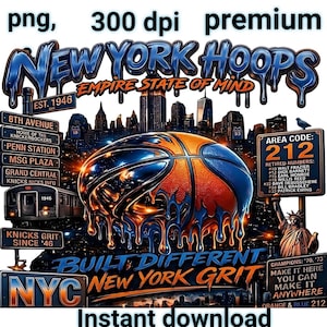 May include: A digital graphic design featuring a basketball with orange and blue melting effects, set against a New York City skyline. Text includes NEW YORK HOOPS, EMPIRE STATE OF MIND, BUILT DIFFERENT, NYC, and various street signs and stats.
