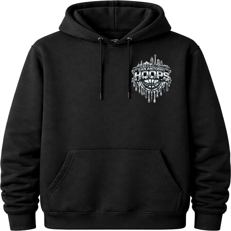 May include: Black hoodie with a front pocket and hood. The front features a graphic of the San Antonio skyline, the word "HOOPS", and a basketball design. The hoodie is made of a soft material.
