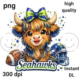 May include: A digital illustration of a cartoon Highland cow with a bow, football, and helmet. The cow has brown, blue, and yellow fur. The bow, helmet, and text say "Seahawks". The image also includes the text "png", "high quality", "300 dpi", and "Instant DL".