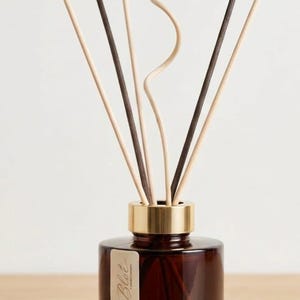 Peut inclure: Un flacon diffuseur de parfum en verre brun avec un col en métal doré et une étiquette rectangulaire portant le texte "Bloé". Le diffuseur comprend plusieurs bâtonnets en bois clair et foncé et un bâtonnet central en spirale.