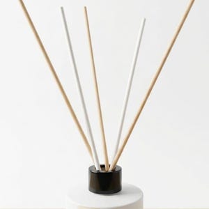 Peut inclure: Un diffuseur de parfum à bâtonnets cylindrique blanc avec un col noir et une étiquette beige portant le texte "Bloé". Le diffuseur comprend quatre bâtonnets fins, deux de couleur bois clair naturel et deux blancs, sortant de l'ouverture.